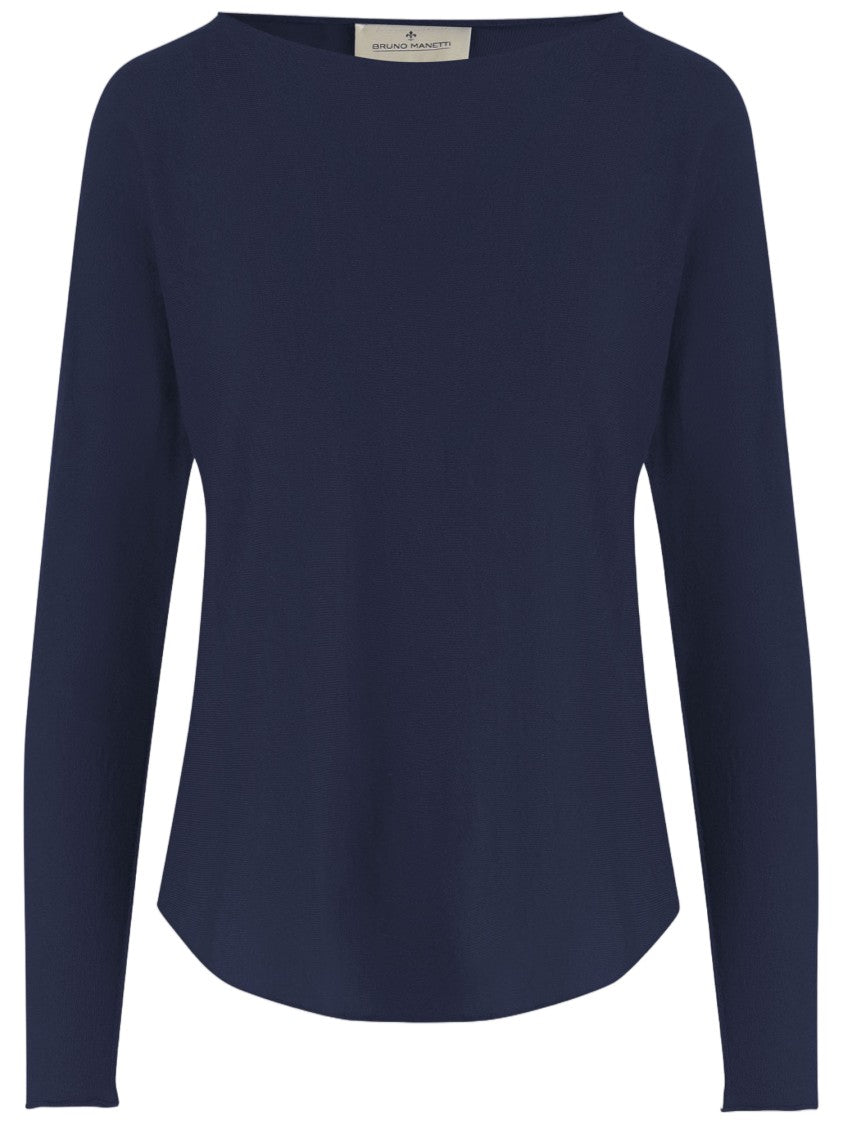 Bruno Manetti Navy Curved Hem Linen-Cotton Sweater