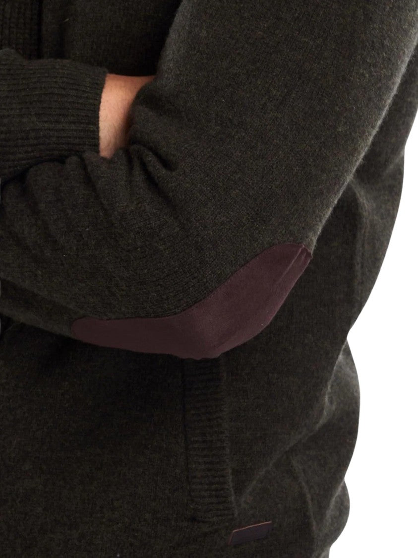 Barbour Dark Knit Zip-Through Sweater With Ribbed Collar And Elbow Patches