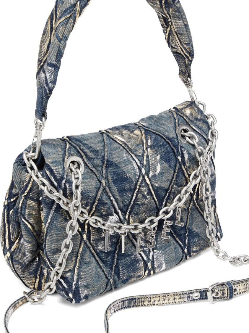 Diesel Quilted Metallic Handbag With Chain Detail And Padded Handle