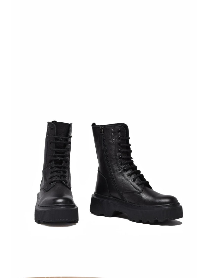 Janet & Janet Black Leather Zip Combat Boots