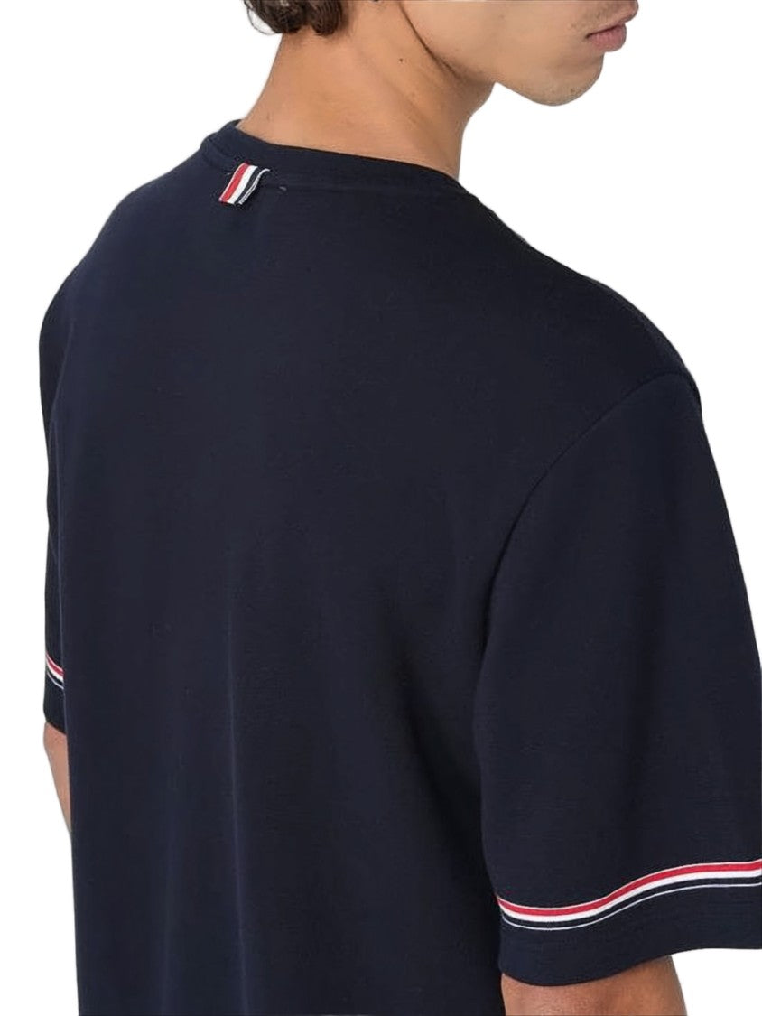 Thom Browne Navy Blue Cotton T-Shirt With Striped Trim