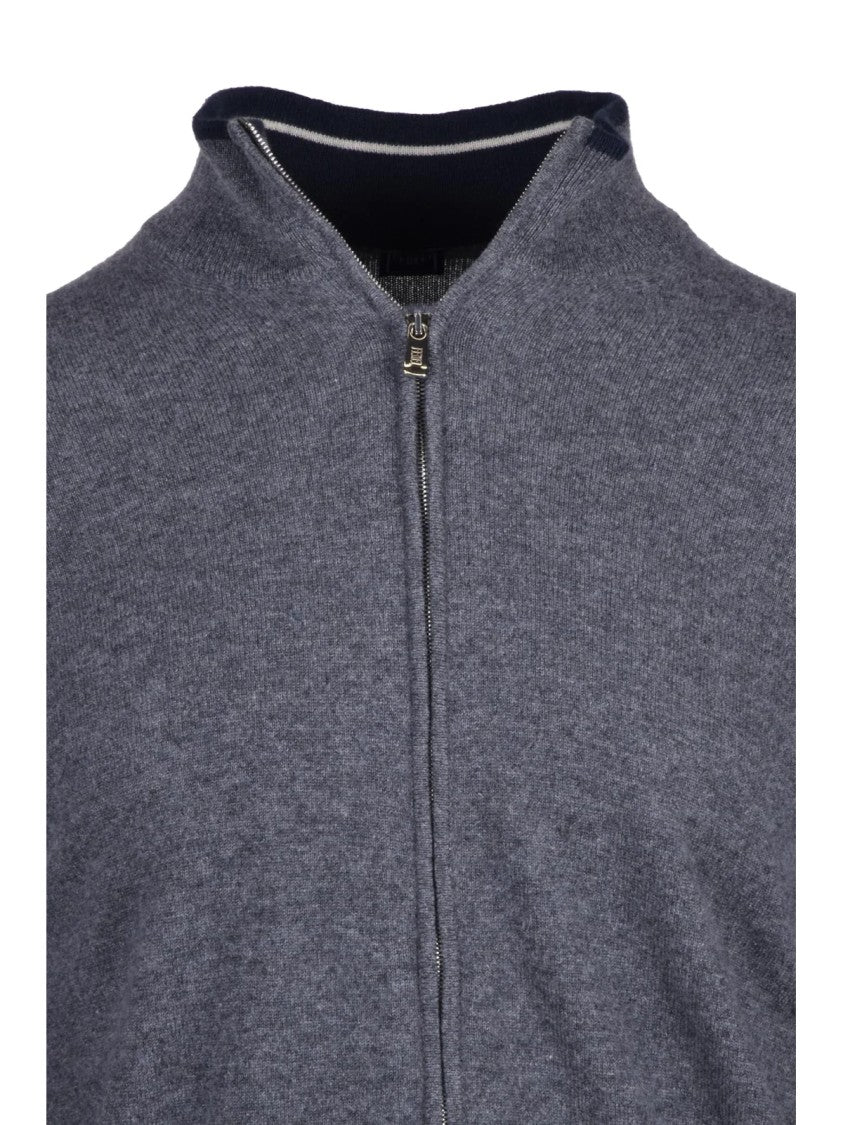 Fedeli Cashmere Zip Cardigan With High Collar And Ribbed Detailing
