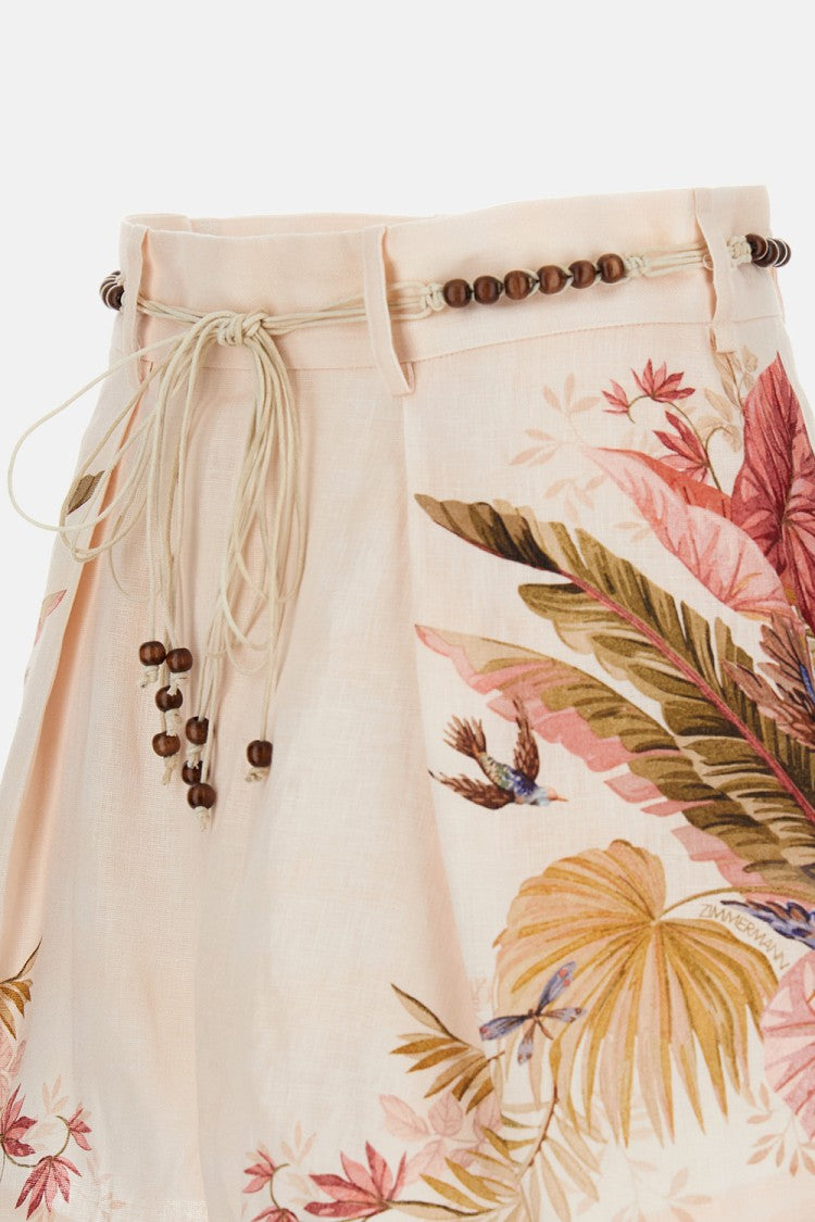 Zimmermann Floral Print Linen Shorts With Removable Waist Strap And Side Pockets