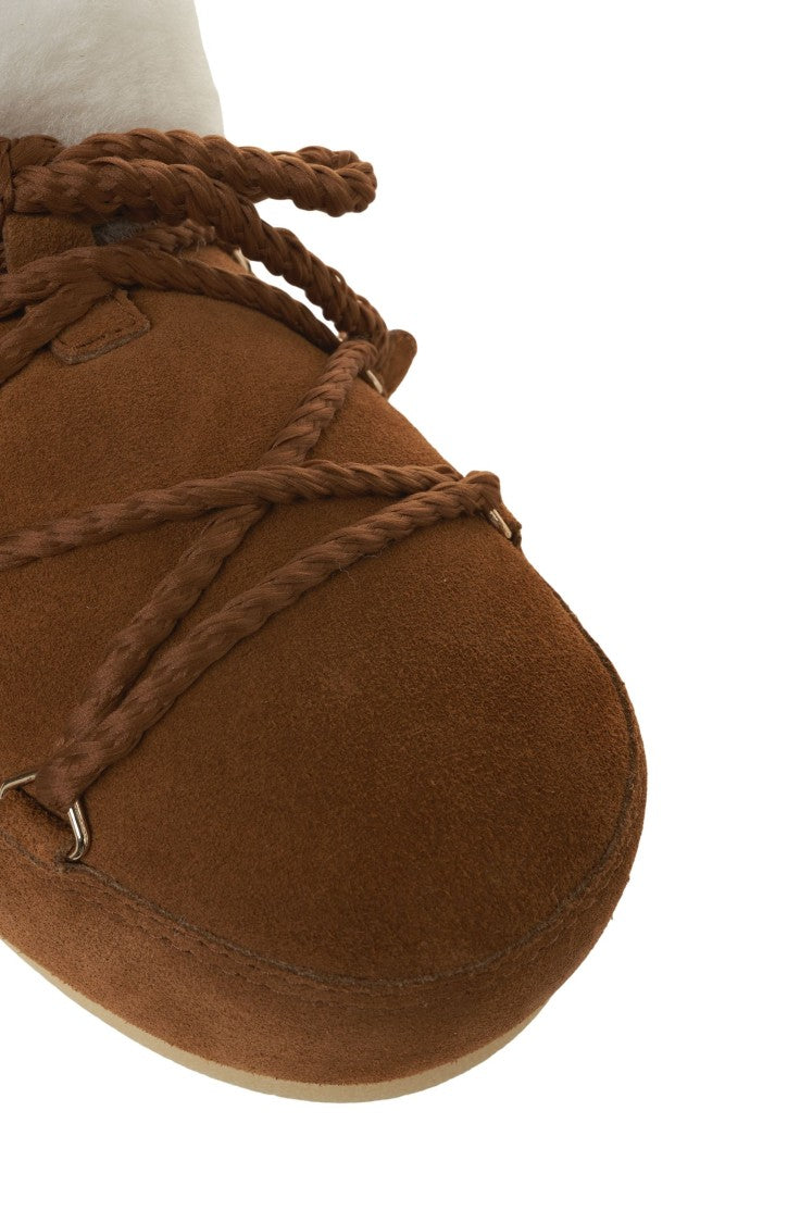 Moon Boot Suede Mules With Braided Lace Detail And Plush Fur Collar
