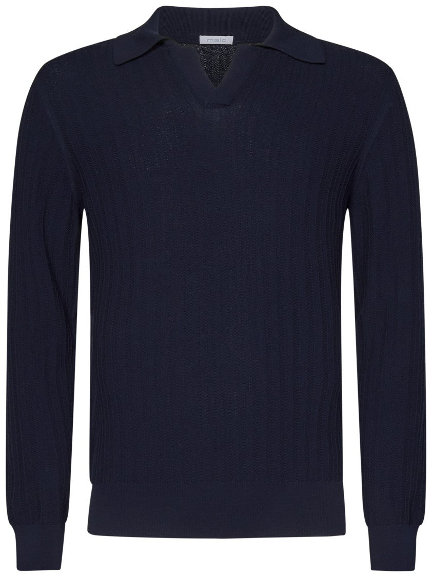 Malo Buttonless Blue Herringbone Polo Shirt