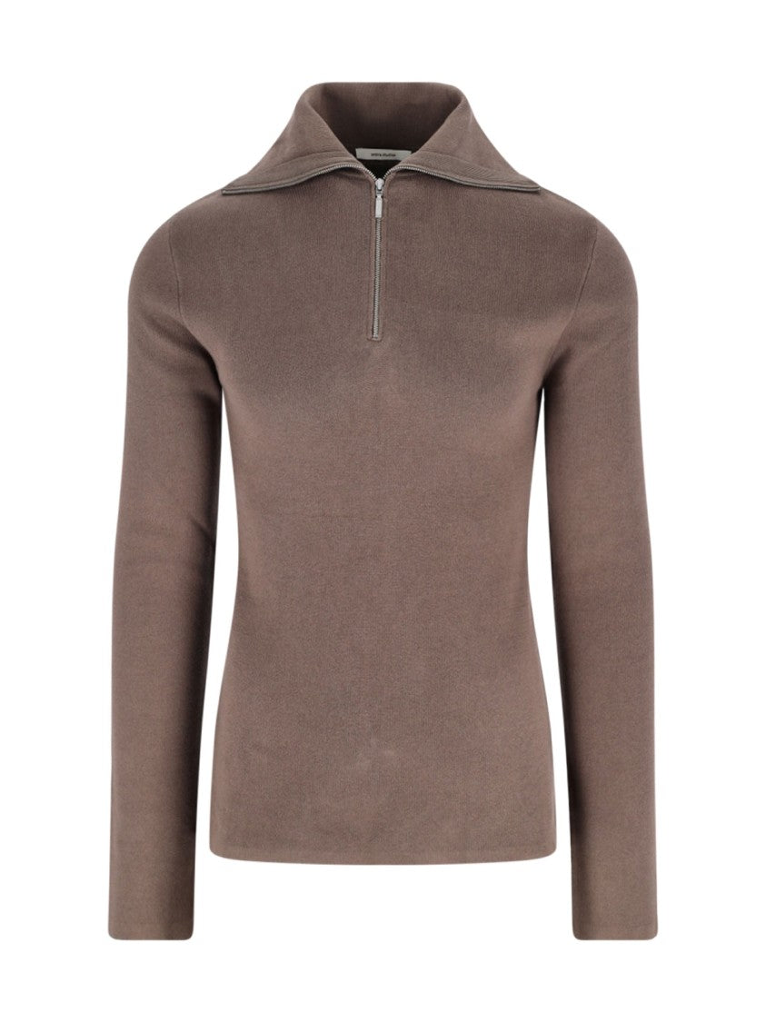 Entire Studios High-Collar Brown Cotton Zip Sweater
