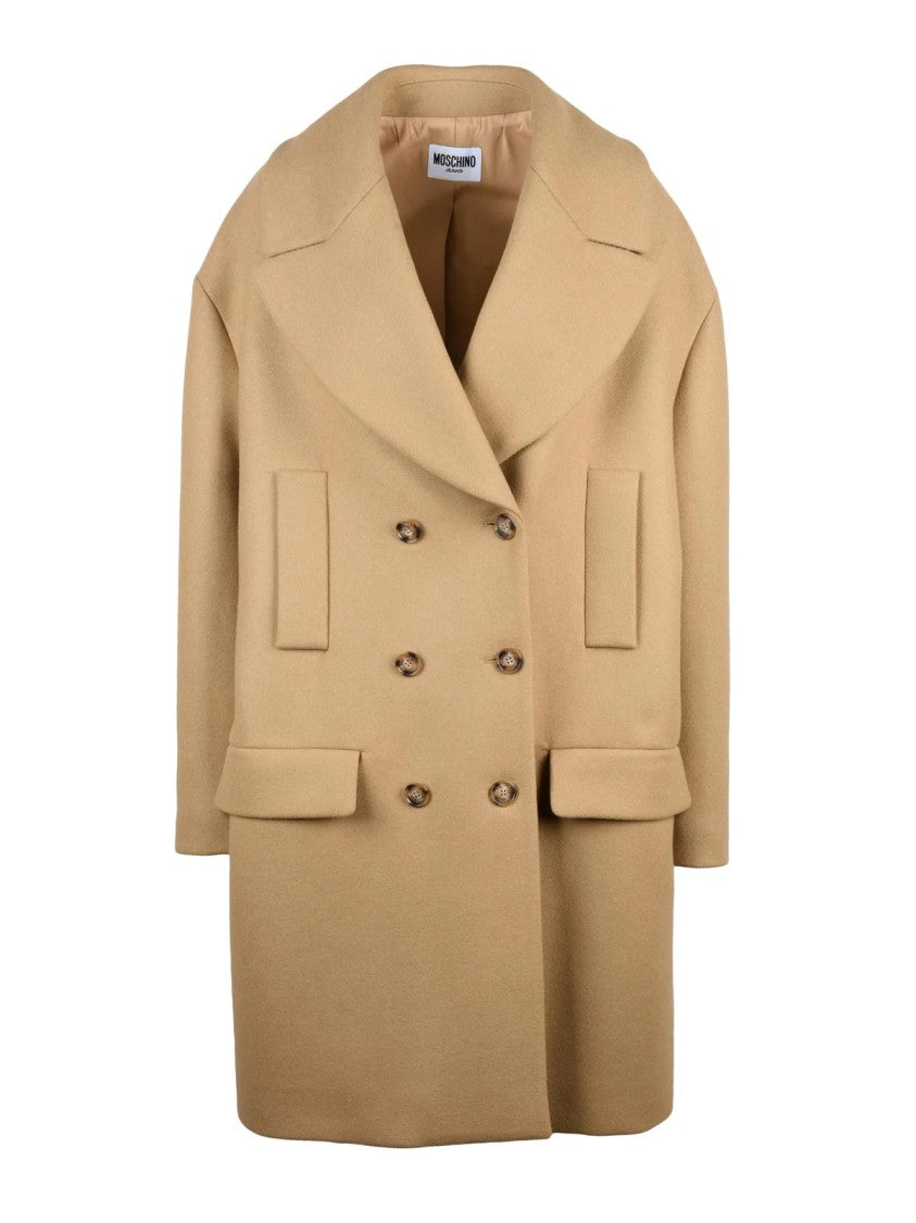 Mo5ch1no Jeans Beige Double-Breasted Virgin Wool-Blend Formal Coat