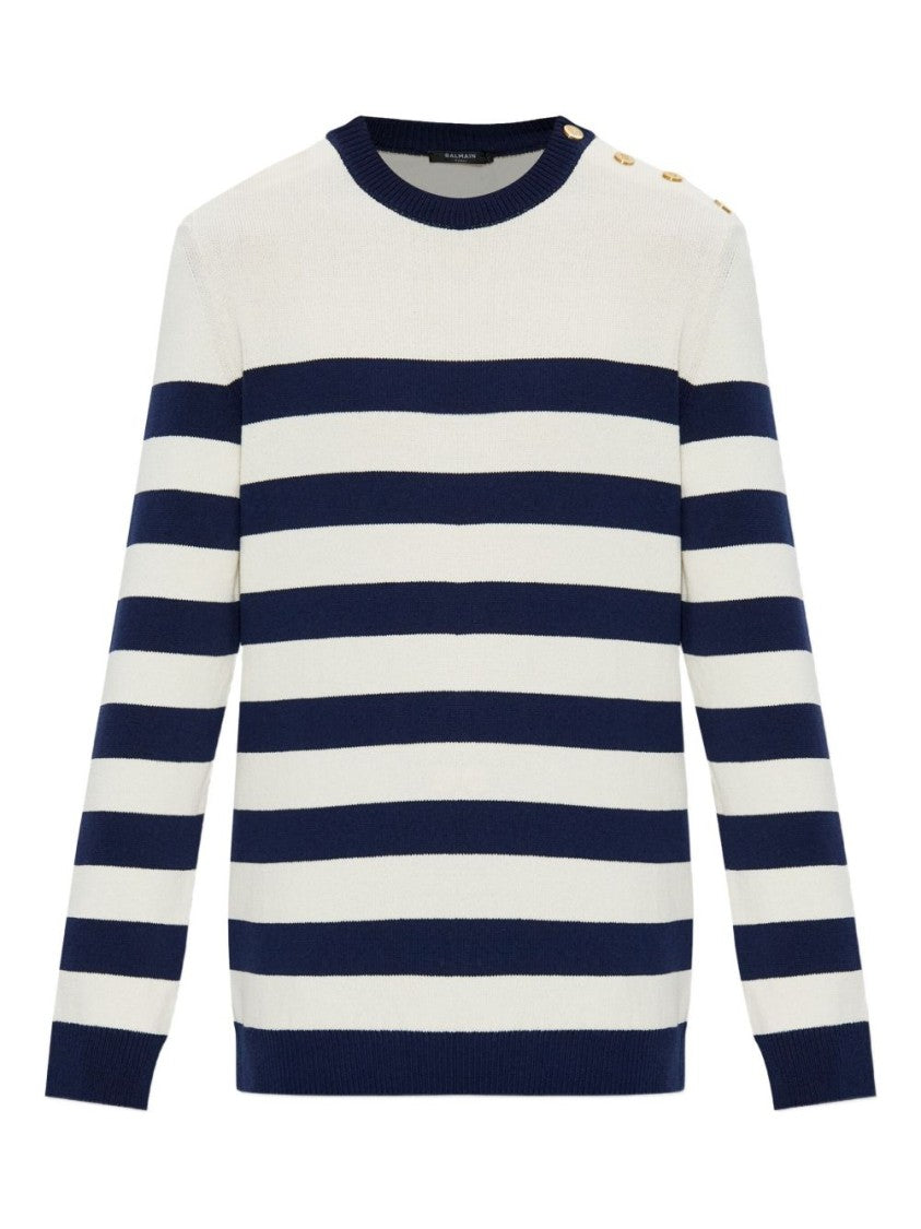 Balmain White Black Striped Shoulder Button Sweater
