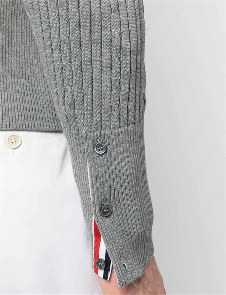 Thom Browne Ribbed Knit Grey Sweater With Distinctive Buttoned Cuffs
