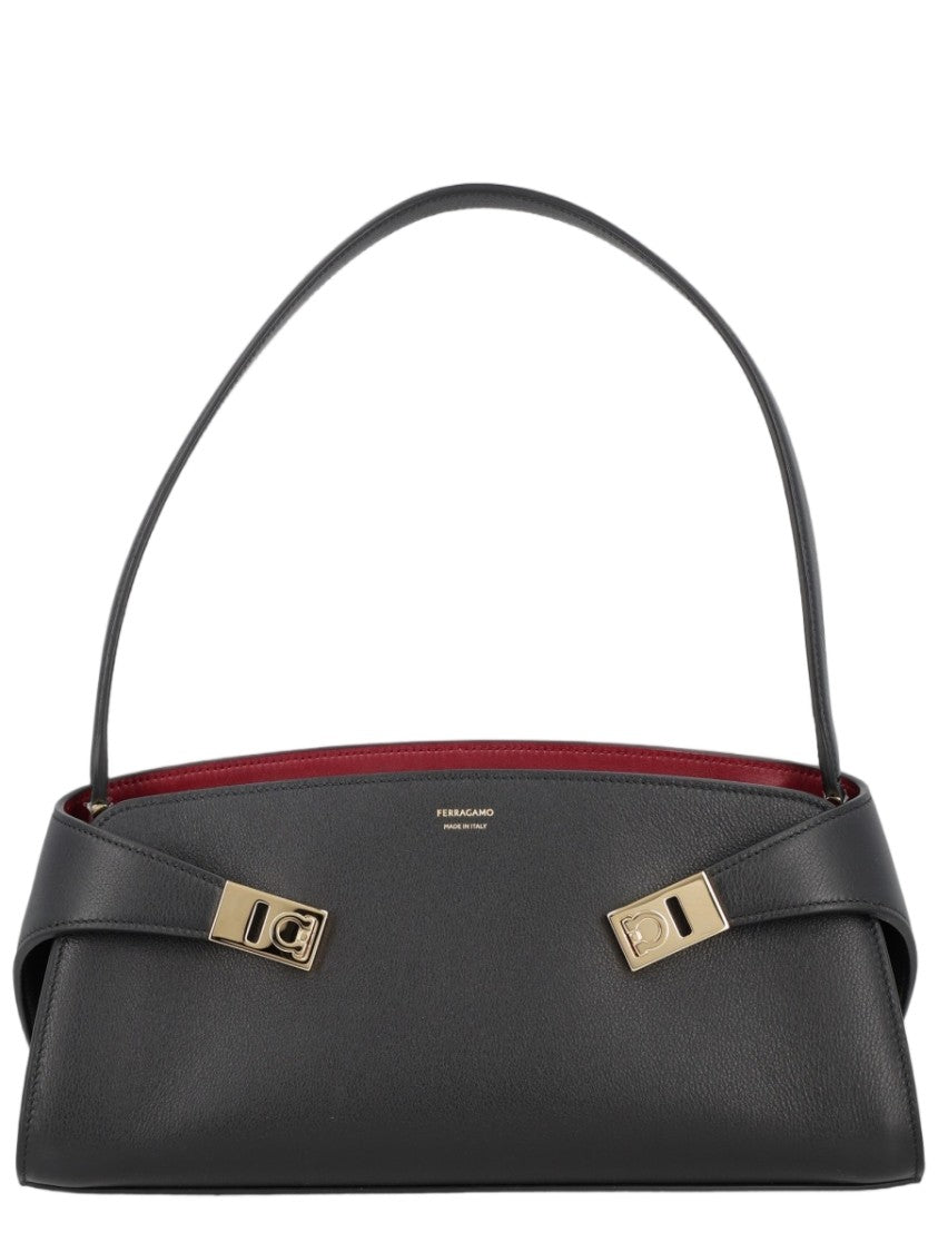 Ferragamo Black Gold Accent Calf Leather Shoulder Bag