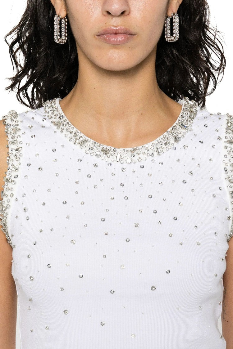 Des Phemmes Rhinestone-Embellished White Cotton Sleeveless Top