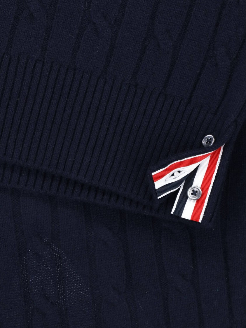 Thom Browne Blue 4-Bar Cable-Knit Cashmere V-Neck Sweater