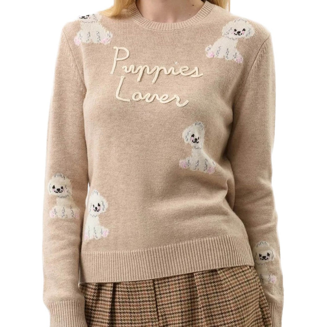 Mc2 Saint Barth Beige Knit Sweater With Puppy Illustrations