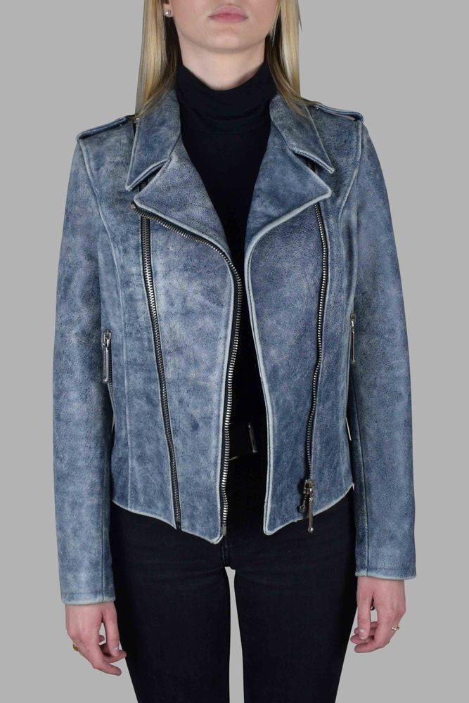 Philipp Plein Aged Blue Leather Perfecto Jacket