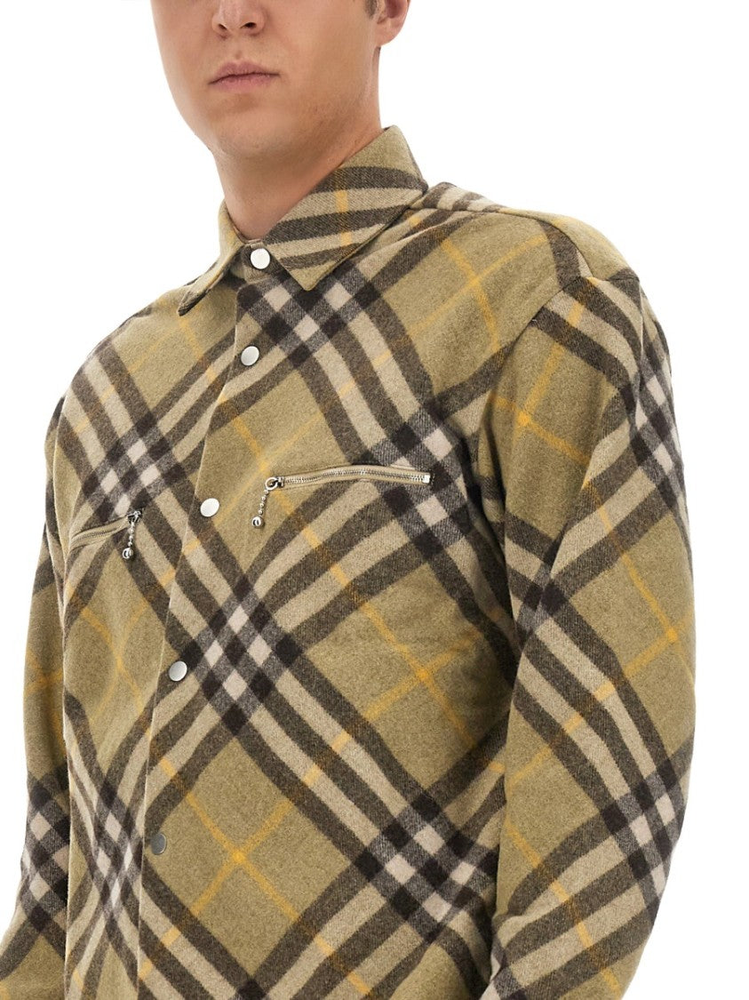 Burberry Plaid Wool Shirt With Zippered Chest Pockets