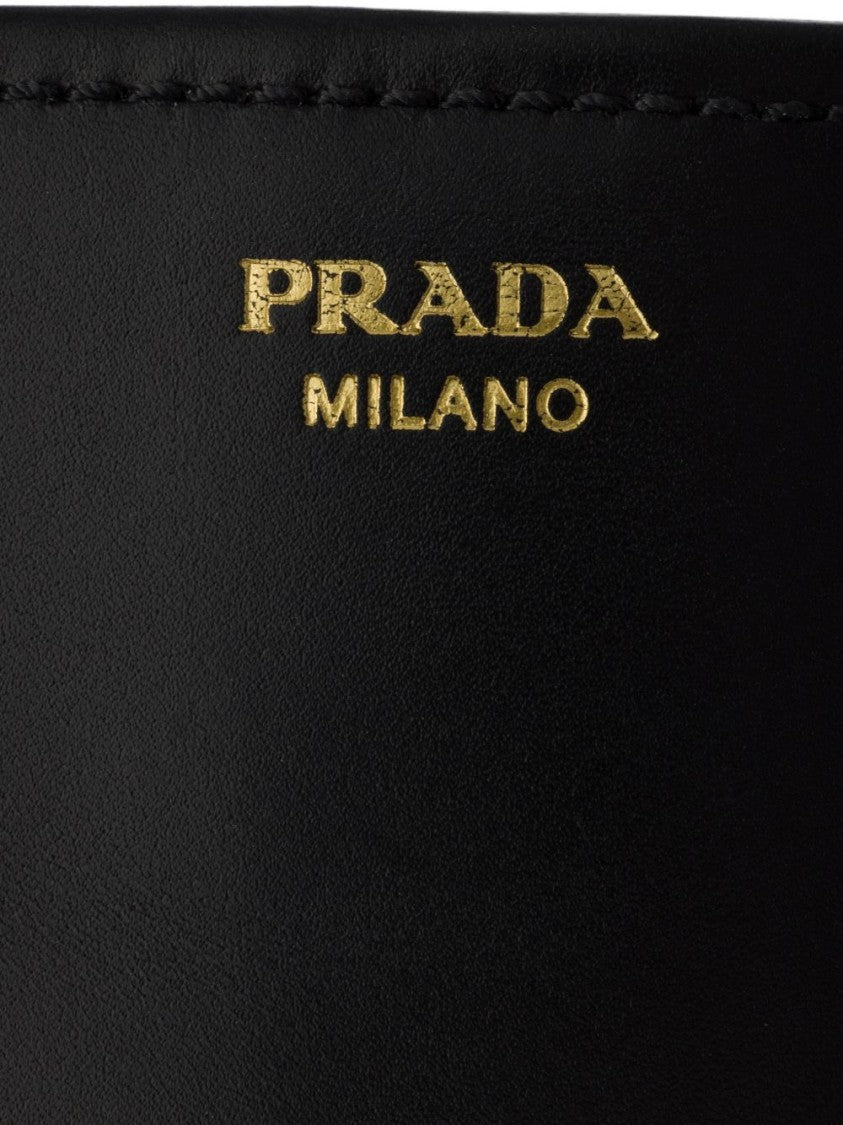 Prada Black Gold Logo Block Heel Leather Boots