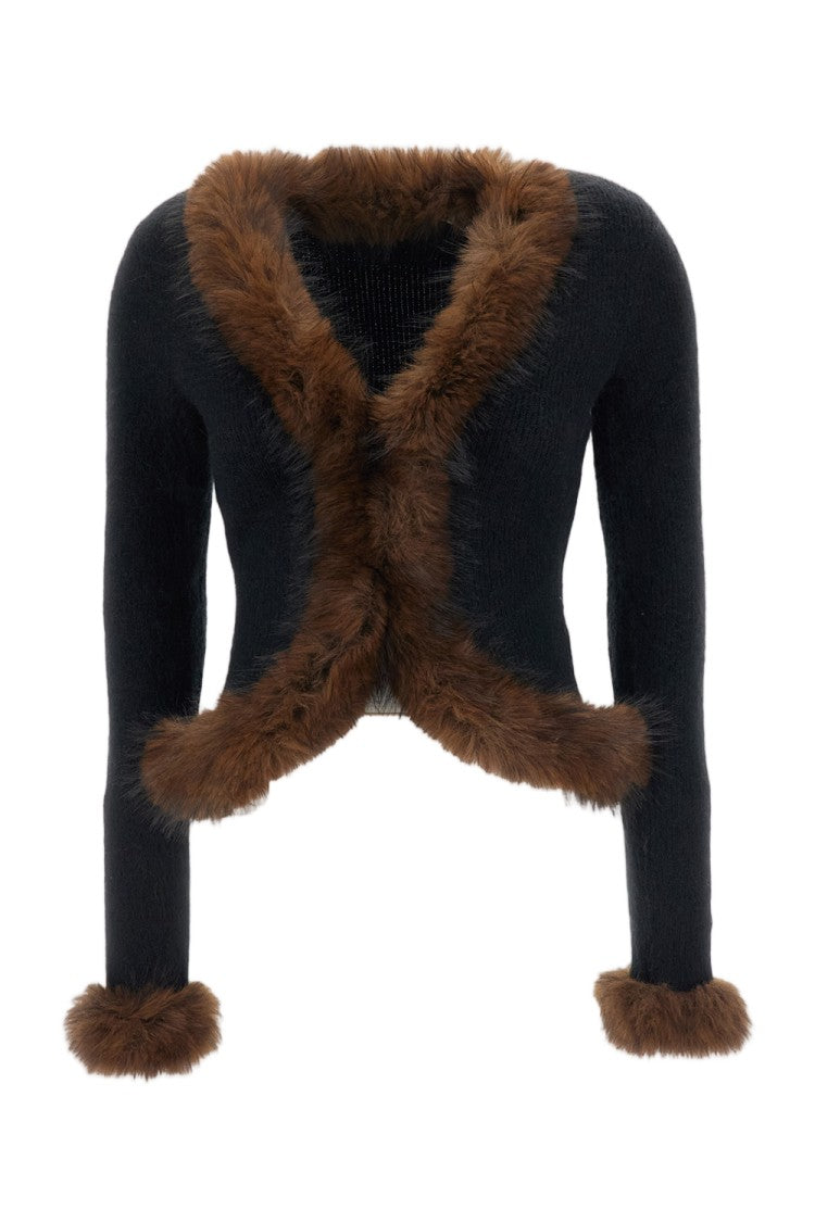 Self-Portrait Curved Hem Cardigan With Faux Fur Trim