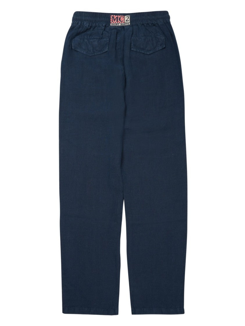 Mc2 Saint Barth Relaxed Fit Blue Linen Trousers With Drawstring Waistband