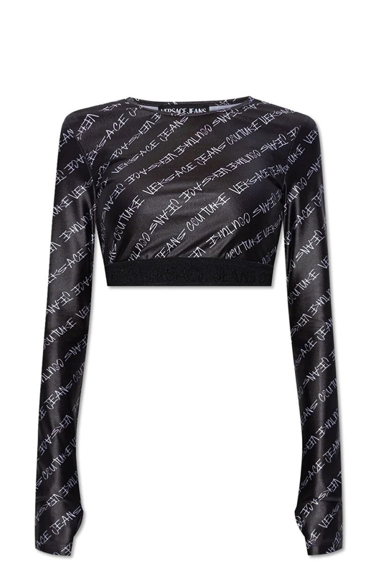 Versace Jeans Couture Long Sleeve Crop Top With Signature Logo Print And Luxurious Fit