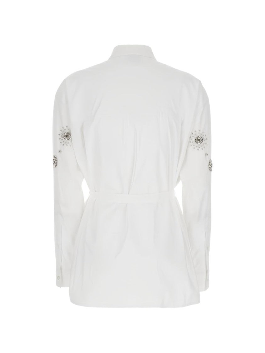 Pinko White Cotton Shirt With Floral Embellishments And Tie Belt