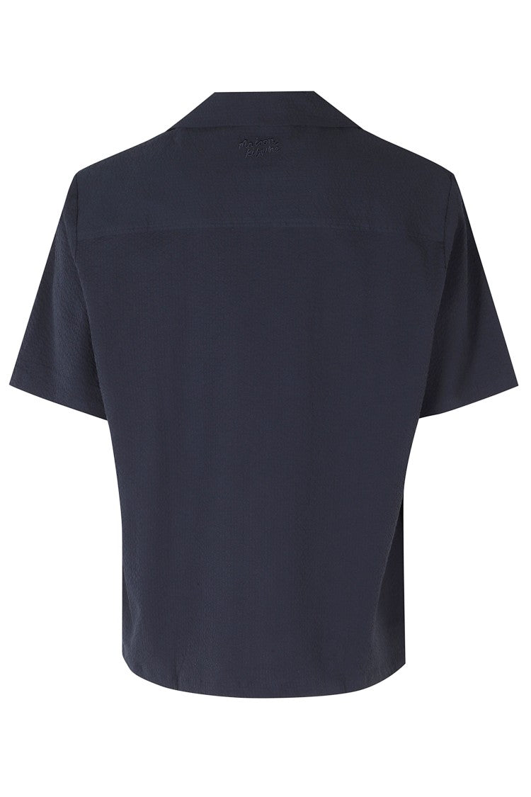 Maison Kitsuné Navy Blue Seersucker Camp Collar Cotton Resort Shirt