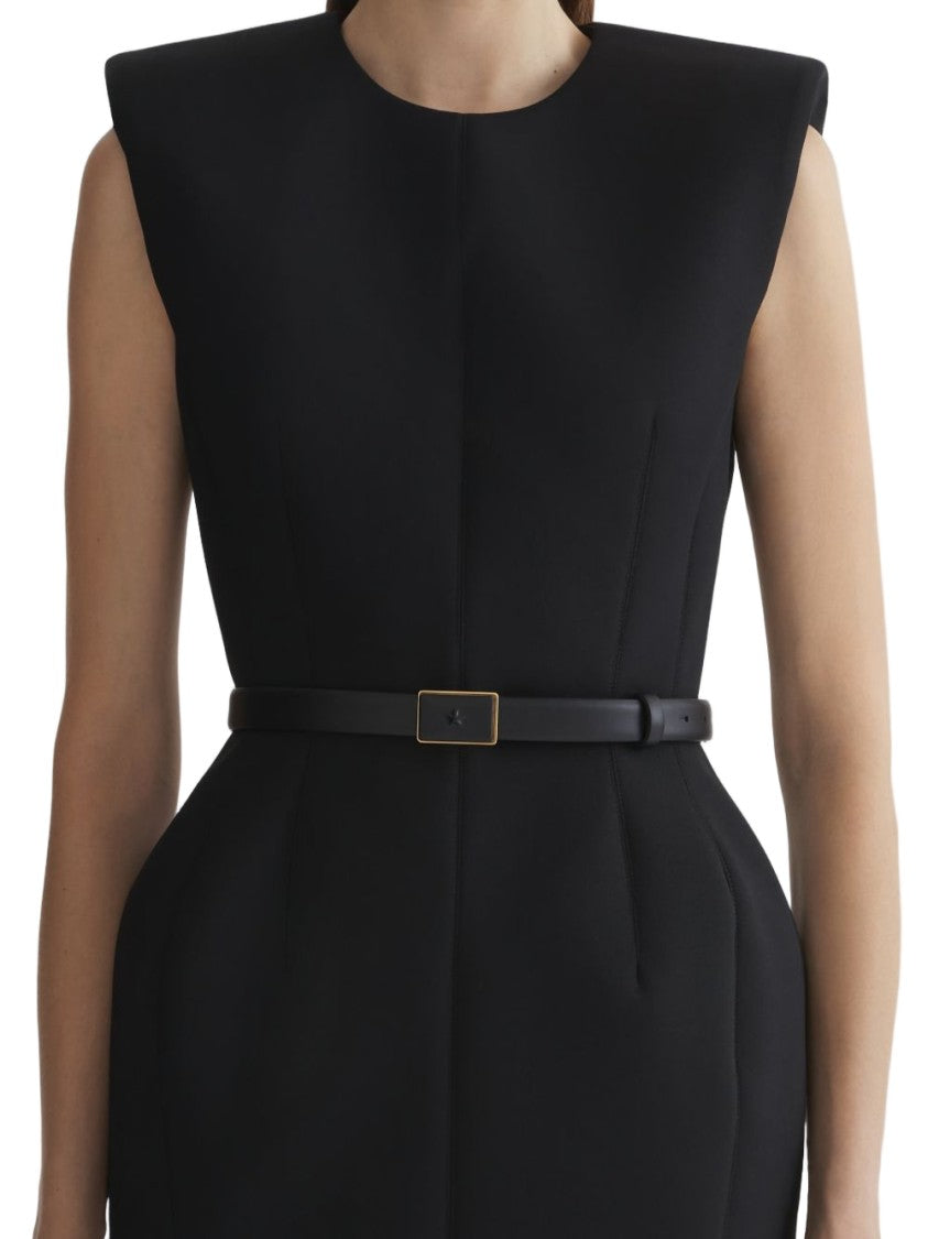 Mugler Black Padded Shoulder Belted Sleeveless Dress