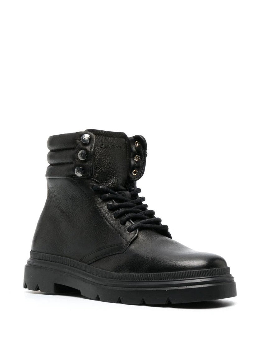 Calvin Klein Polished Leather Combat Boots With Padded Collar