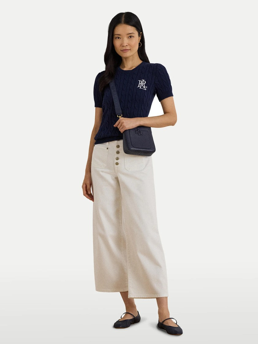 Lauren Ralph Lauren Navy Blue Eyelah Linen Pullover Knit Top