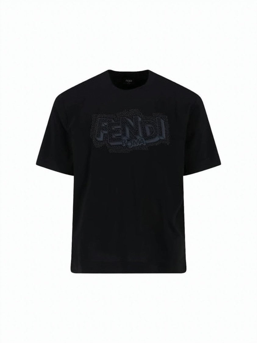 Fendi Short-Sleeved Black T-Shirt With Textured Logo Design
