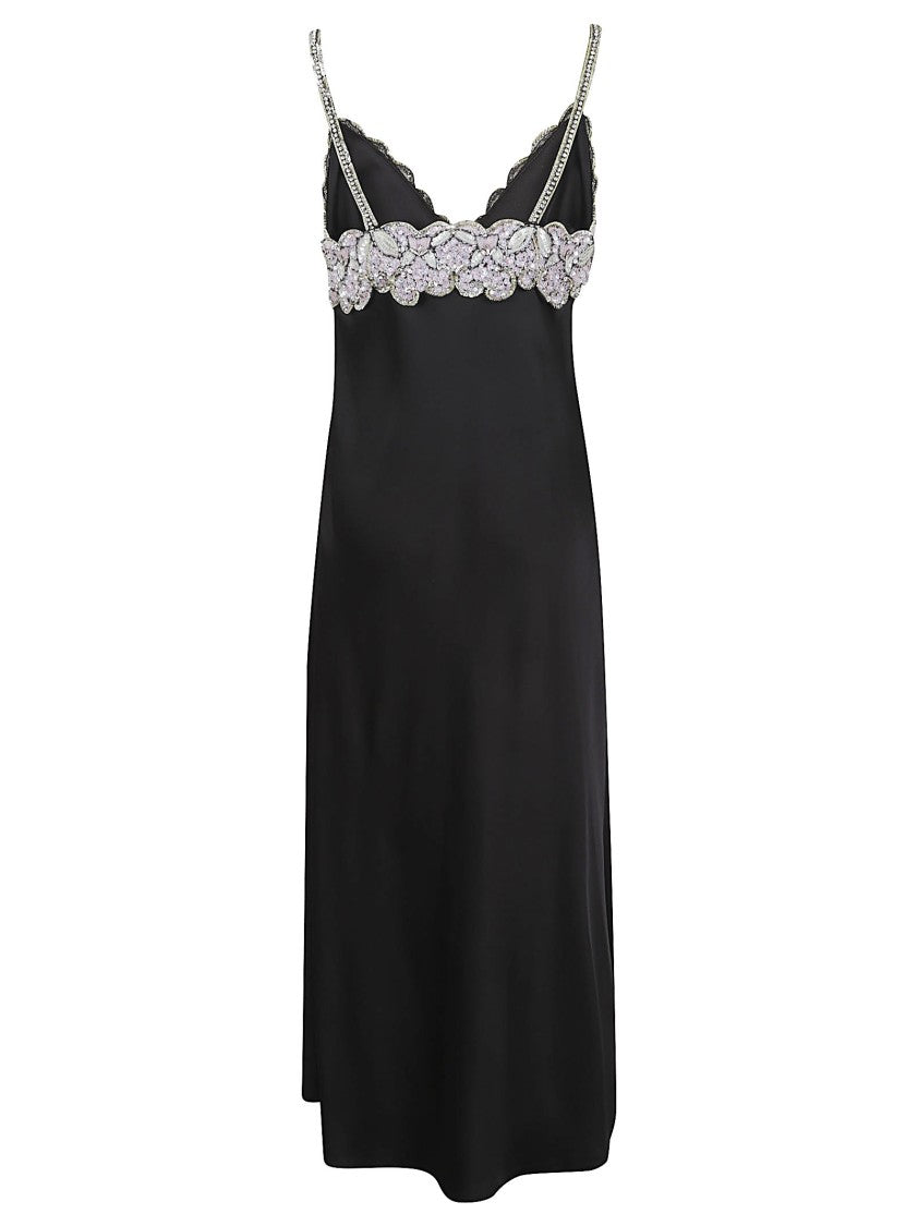 Valentino Garavani Floral Embellished Black Leather Midi Dress