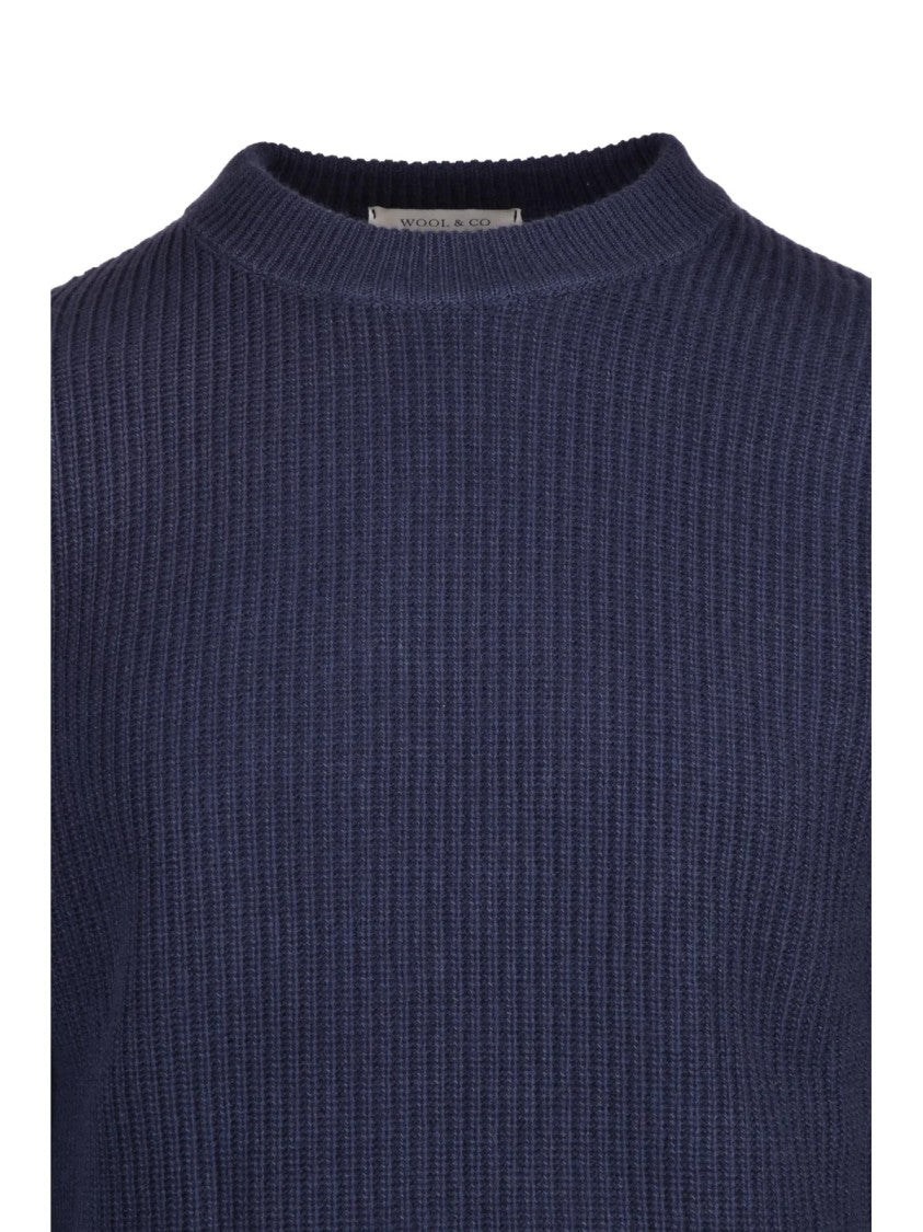Wool & Co Ribbed Crew Neck Sweater In Intense Blue With Regular Fit