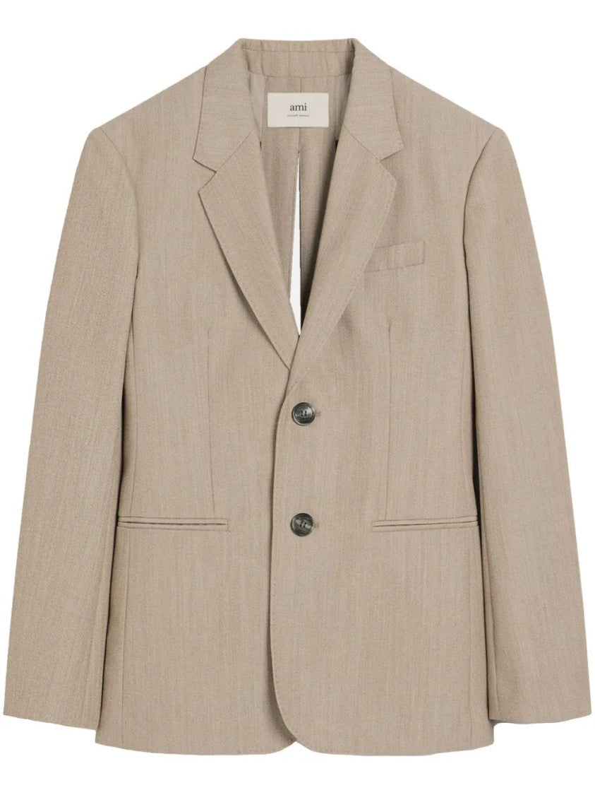 Ami Beige Rear-Slit Blazer With Notched Lapels