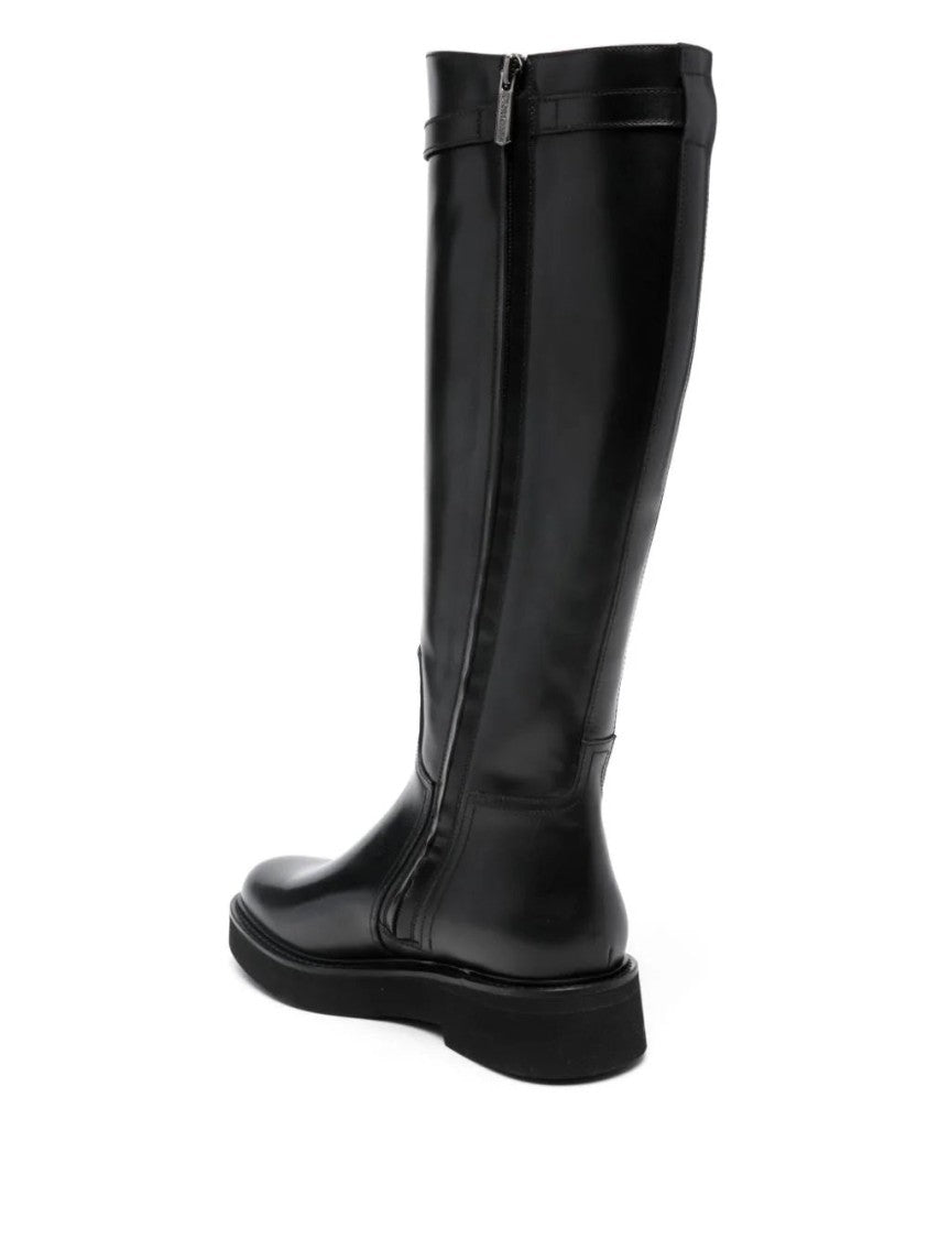 Doucal's Black Stival Polished Buckle Detail Leather Ankle Boots