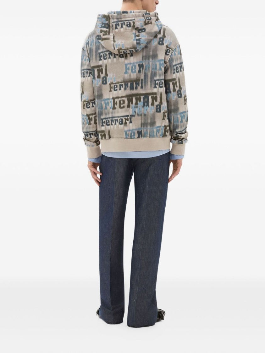 Ferrari Beige Hooded Sweatshirt With All-Over Logo Print And Pouch Pocket