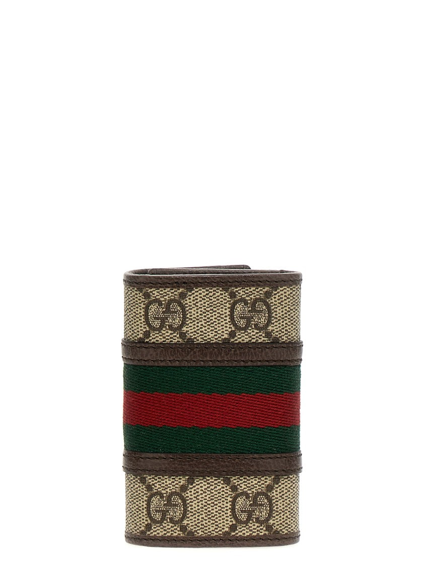 Gucci Gg Supreme Fabric Keyring With Leather Accents