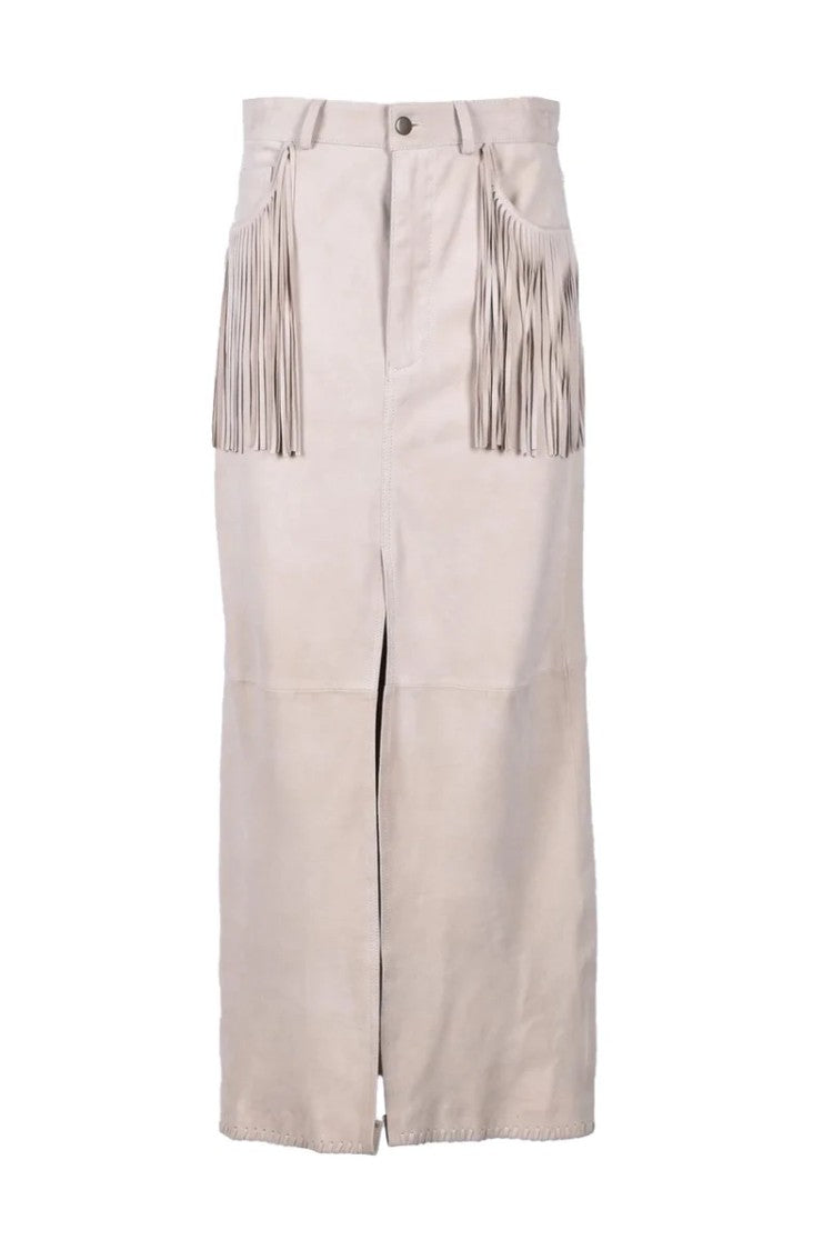 Wild Cashmere Long Suede Leather Skirt - Beige
