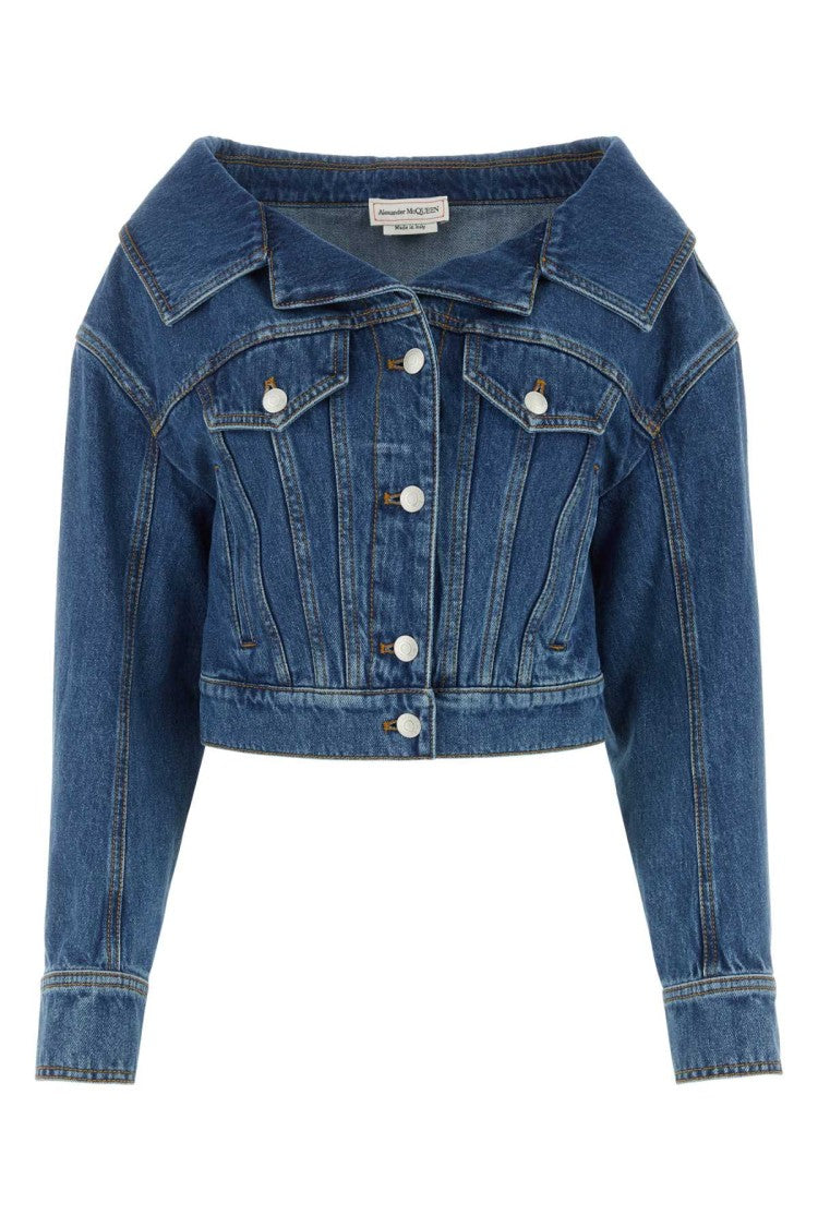 Alexander Mcqueen Cropped Denim Jacket With Pointed Collar