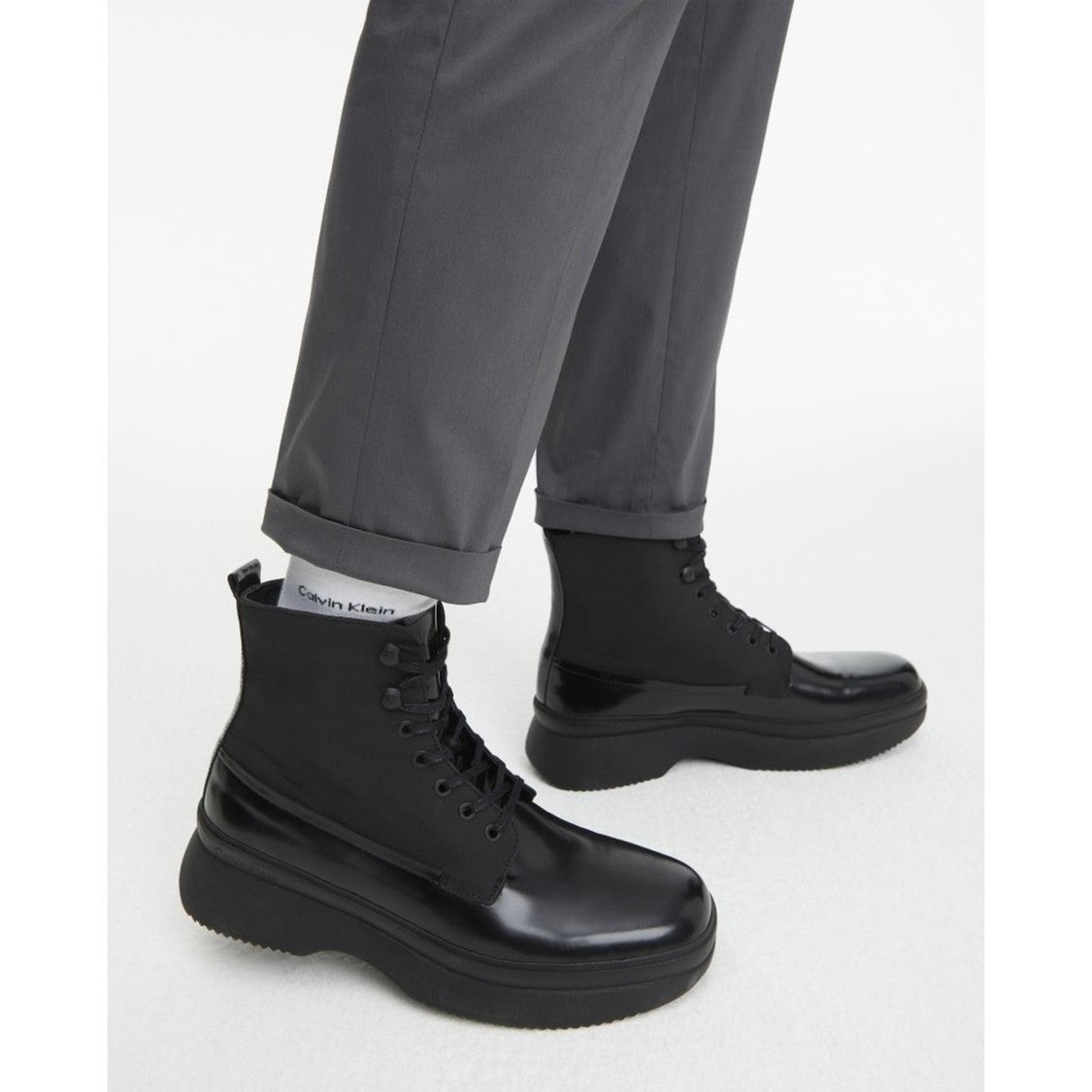 Calvin Klein Black Refined Lace-Up Leather Fabric Ankle Boots