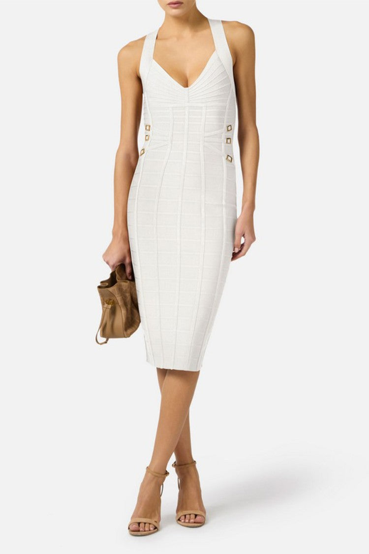 Elisabetta Franchi Ivory Cross-Strap Bandage Side Buckles Viscose-Blend Mini Dress