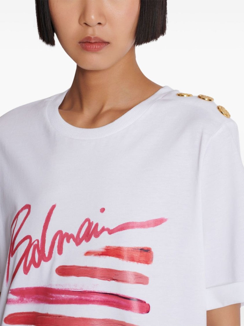 Balmain White Graphic Print Button Detail Top