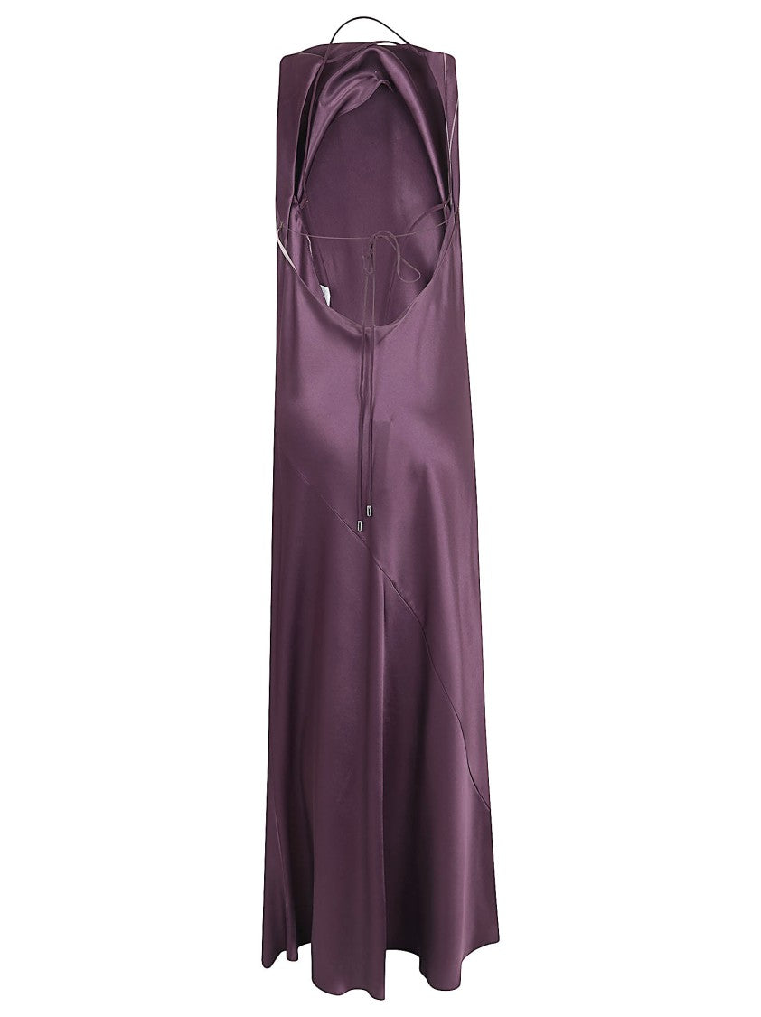 Pinko Draped Purple Satin Midi Dress With Ribbons