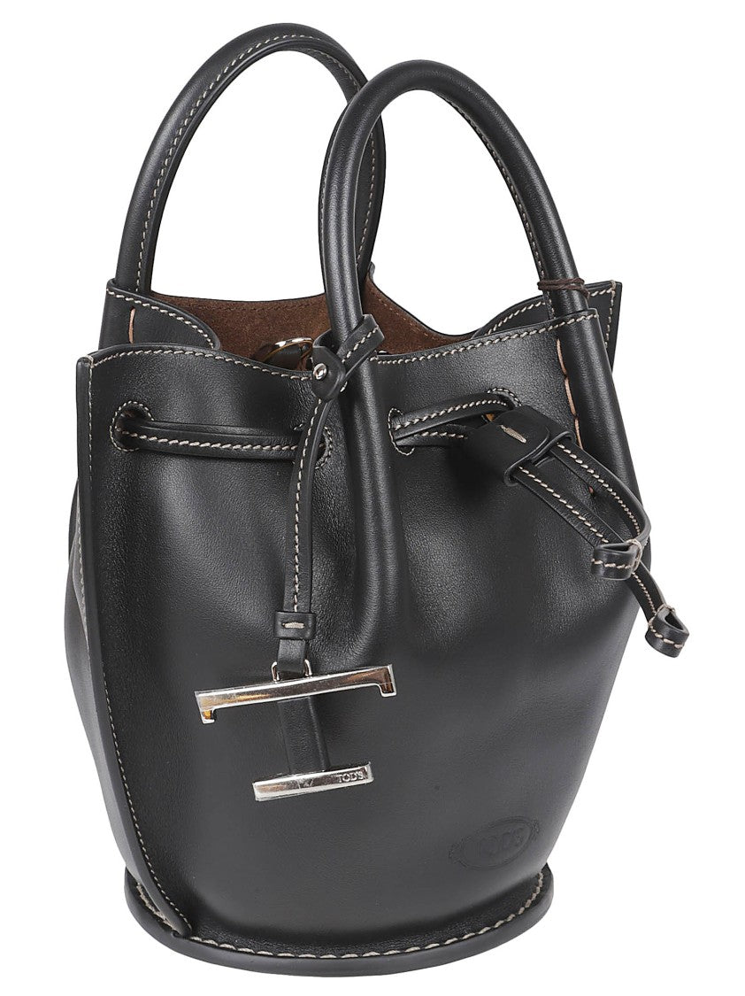 Tod's Structured Black Calfskin Bag With Drawstring Closure