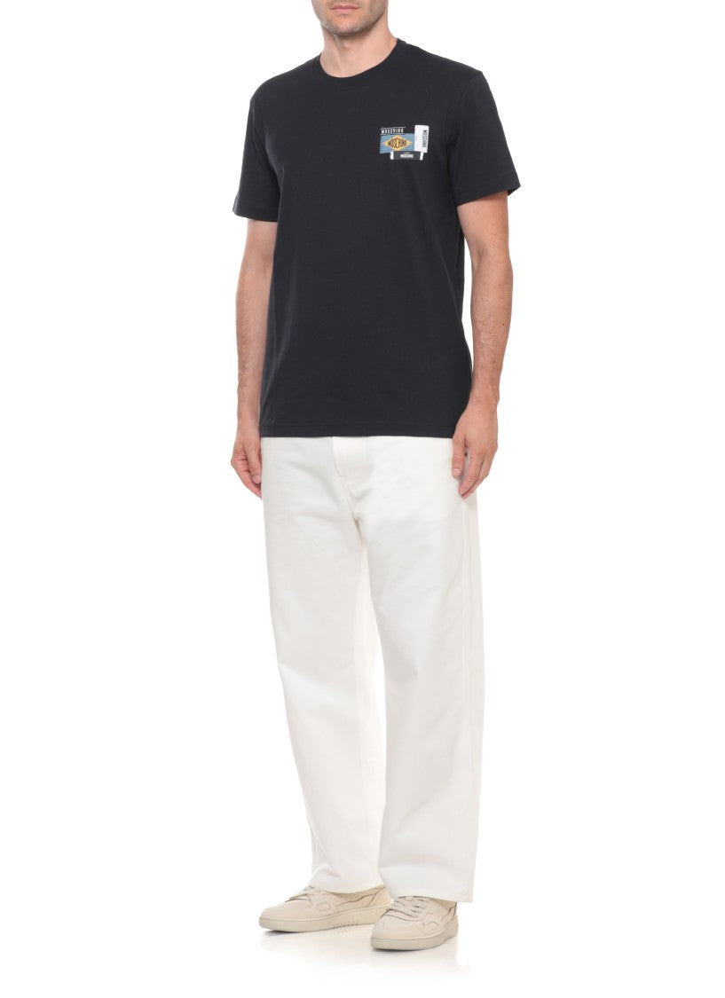 Moschino Blue Embroidered Logo Patch Cotton T-Shirt