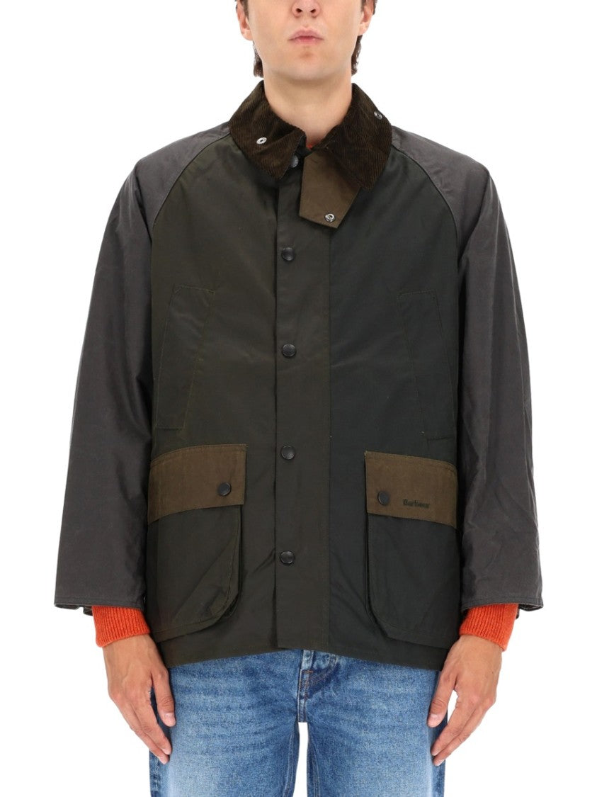Barbour Patchwork Design Waxed Jacket With Corduroy Collar