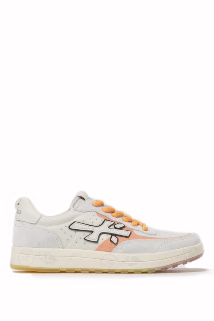 Premiata White Coral-Orange Lace Accents Logo Patch Low-Top Sneakers