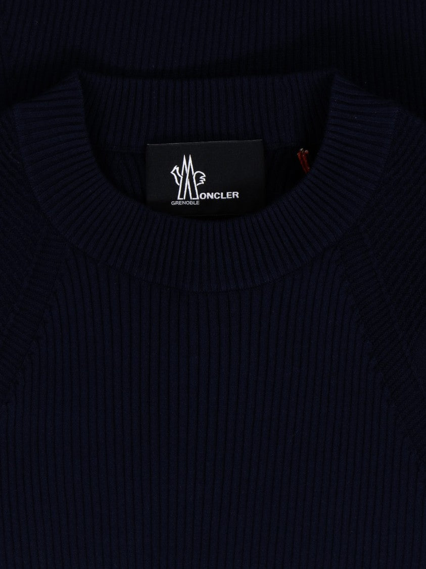 Moncler Grenoble Blue Ribbed Viscose Blend Logo Sweater