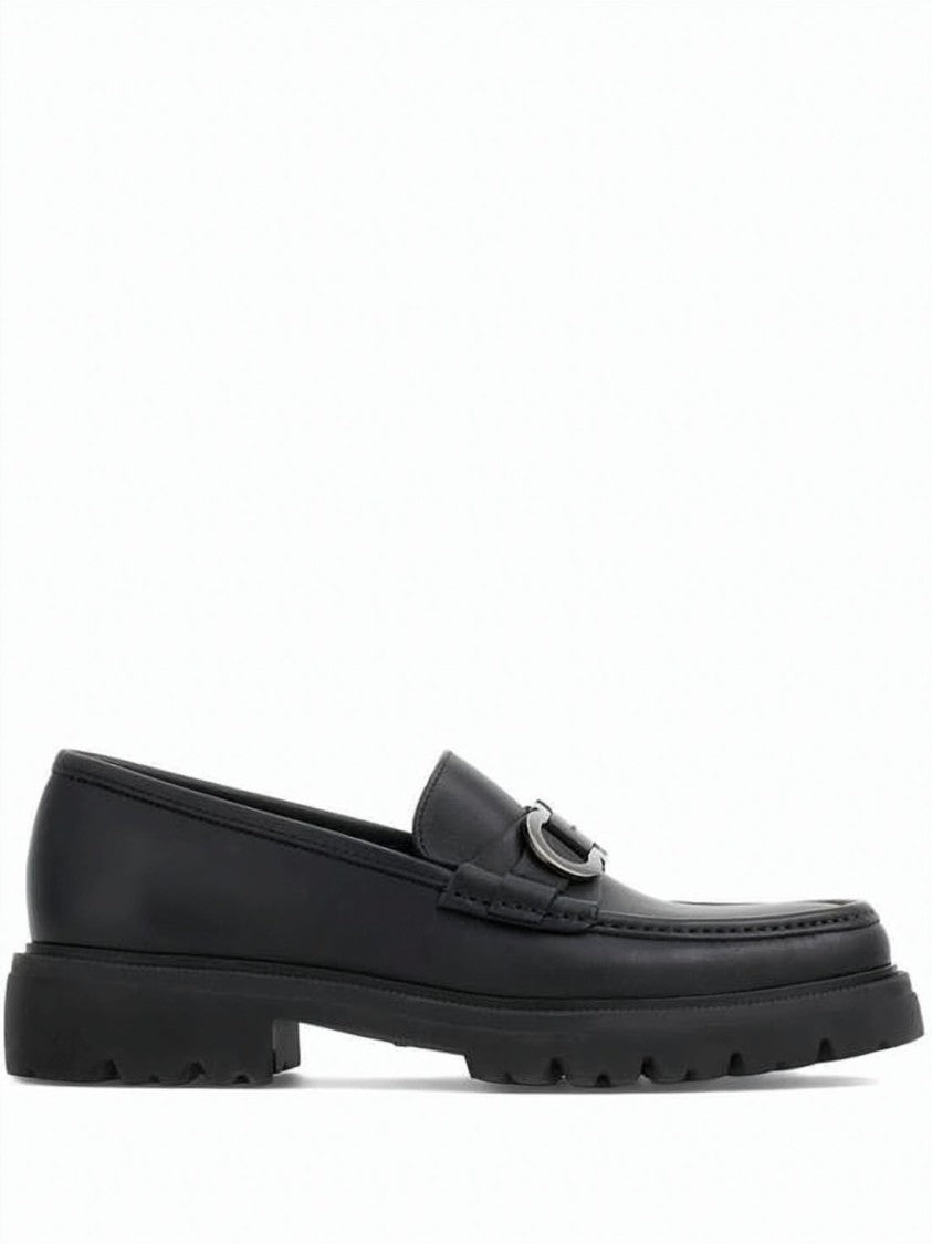 Salvatore Ferragamo Black Calf Leather Loafers With Silver Metal Detail