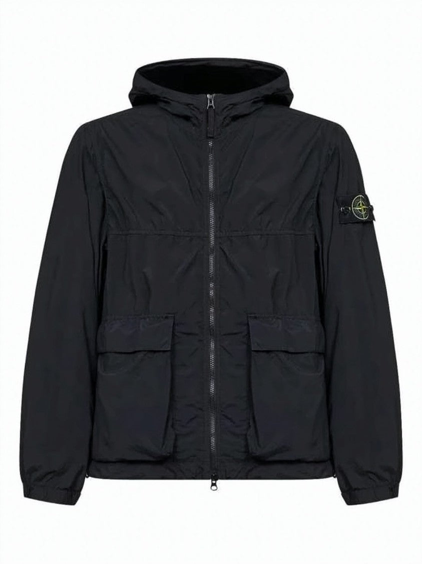 Stone Island Minimalist Black Hooded Jacket With Zipper Closure
