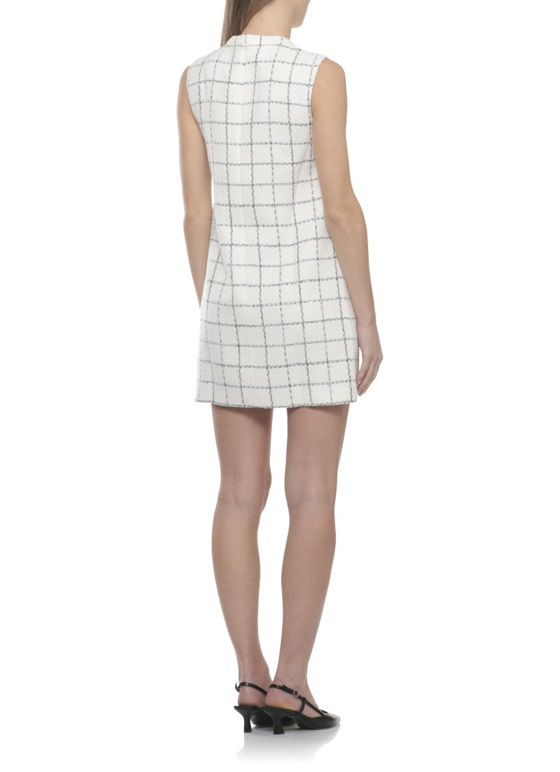Self-Portrait Ivory Check Boucle Mini Dress With Lace Trim And Sequined Detail