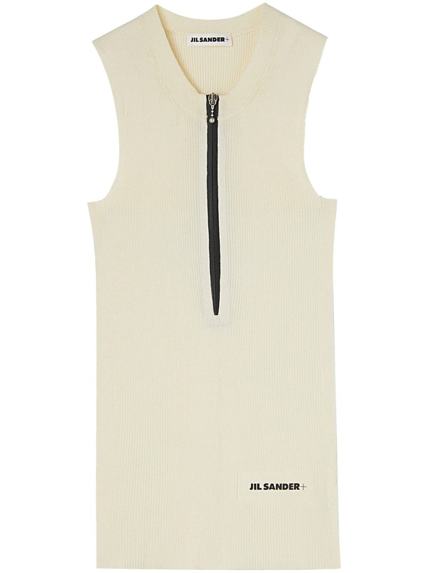 Jil Sander White Ribbed Zipped Cotton Tank Top